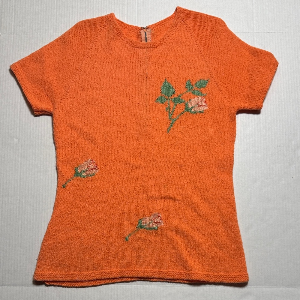 VINTAGE Rose Print Orange Knit Top Metal Zipper Short Sleeve Round Neck Shirt‎